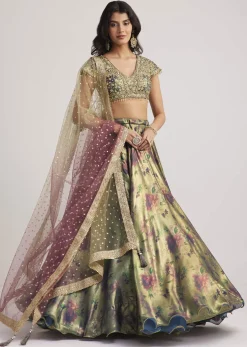 Mehendi Green Floral Printed Satin Lehenga Set