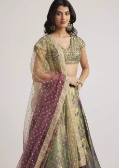 Mehendi Green Floral Printed Satin Lehenga Set