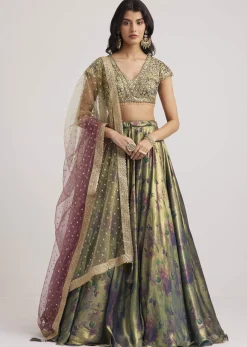 Mehendi Green Floral Printed Satin Lehenga Set
