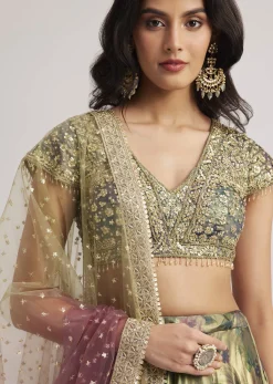 Mehendi Green Floral Printed Satin Lehenga Set