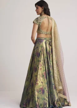 Mehendi Green Floral Printed Satin Lehenga Set