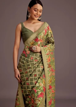 Mehendi Green Georgette Saree With Jaal And Animal-Bird Motifs
