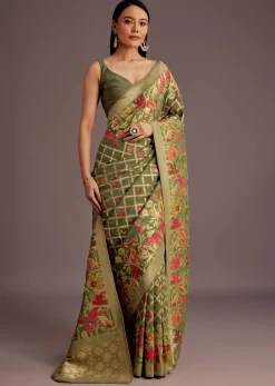 Mehendi Green Georgette Saree With Jaal And Animal-Bird Motifs