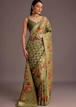 Mehendi Green Georgette Saree With Jaal And Animal-Bird Motifs