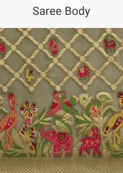 Mehendi Green Georgette Saree With Jaal And Animal-Bird Motifs