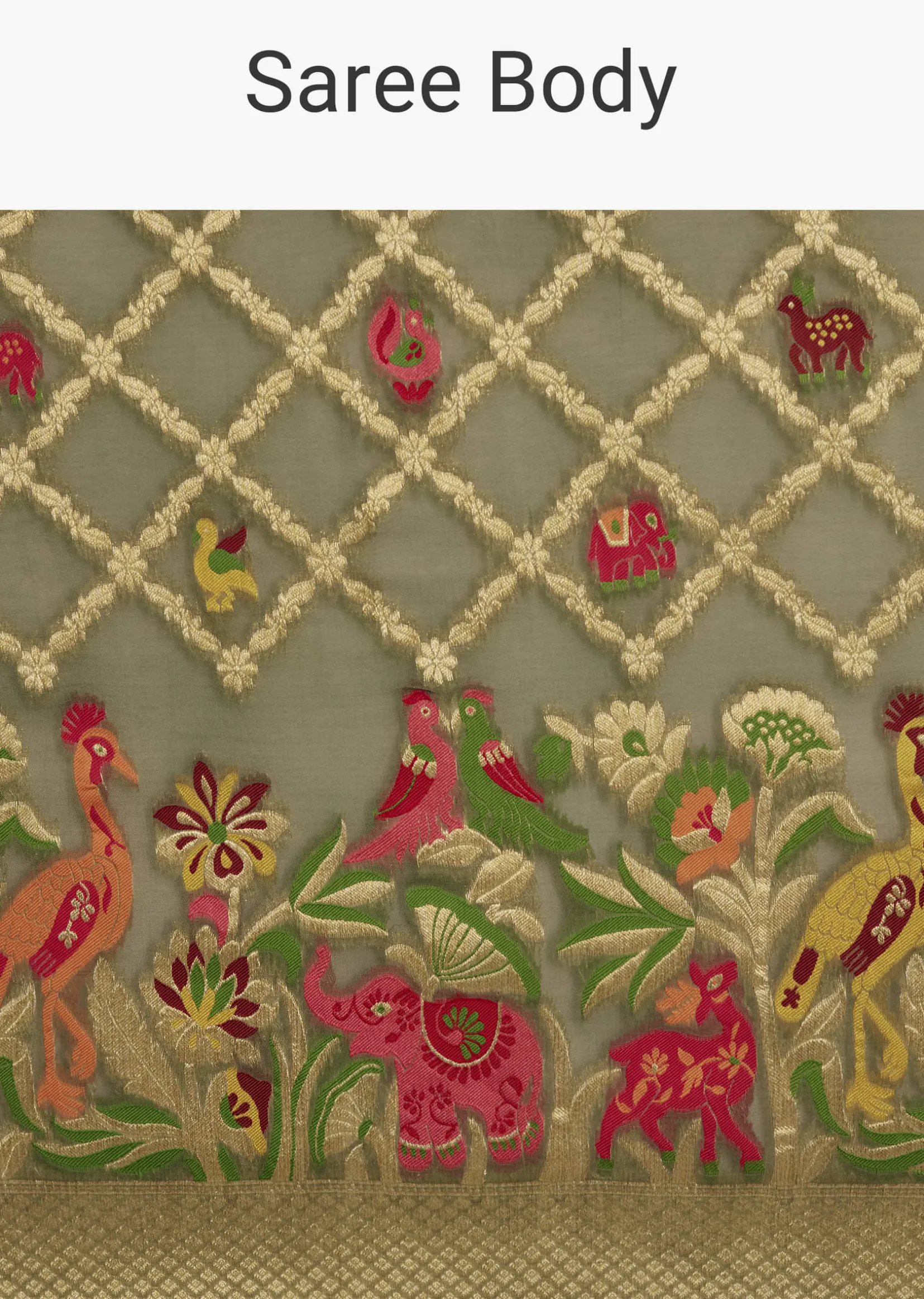 Mehendi Green Georgette Saree With Jaal And Animal-Bird Motifs
