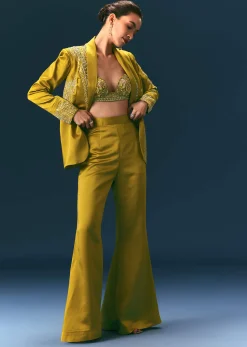 Mehendi Green Hand Embroidered Blouse With Jacket And Bell Bottom Pants