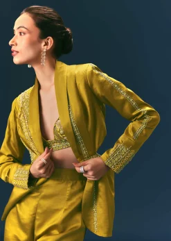 Mehendi Green Hand Embroidered Blouse With Jacket And Bell Bottom Pants
