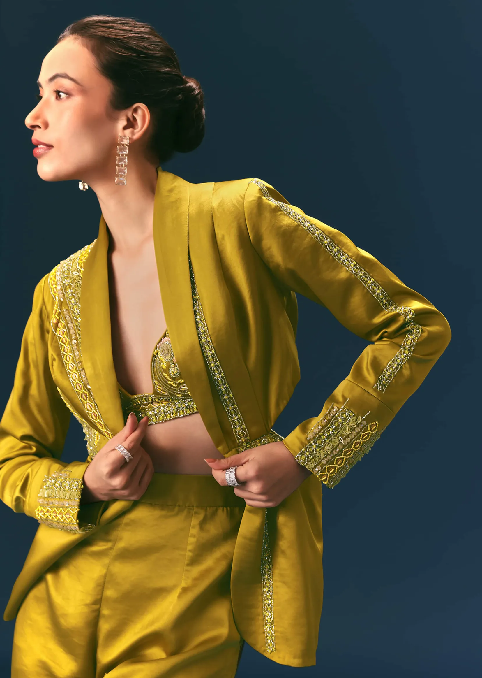 Mehendi Green Hand Embroidered Blouse With Jacket And Bell Bottom Pants