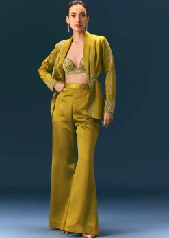 Mehendi Green Hand Embroidered Blouse With Jacket And Bell Bottom Pants