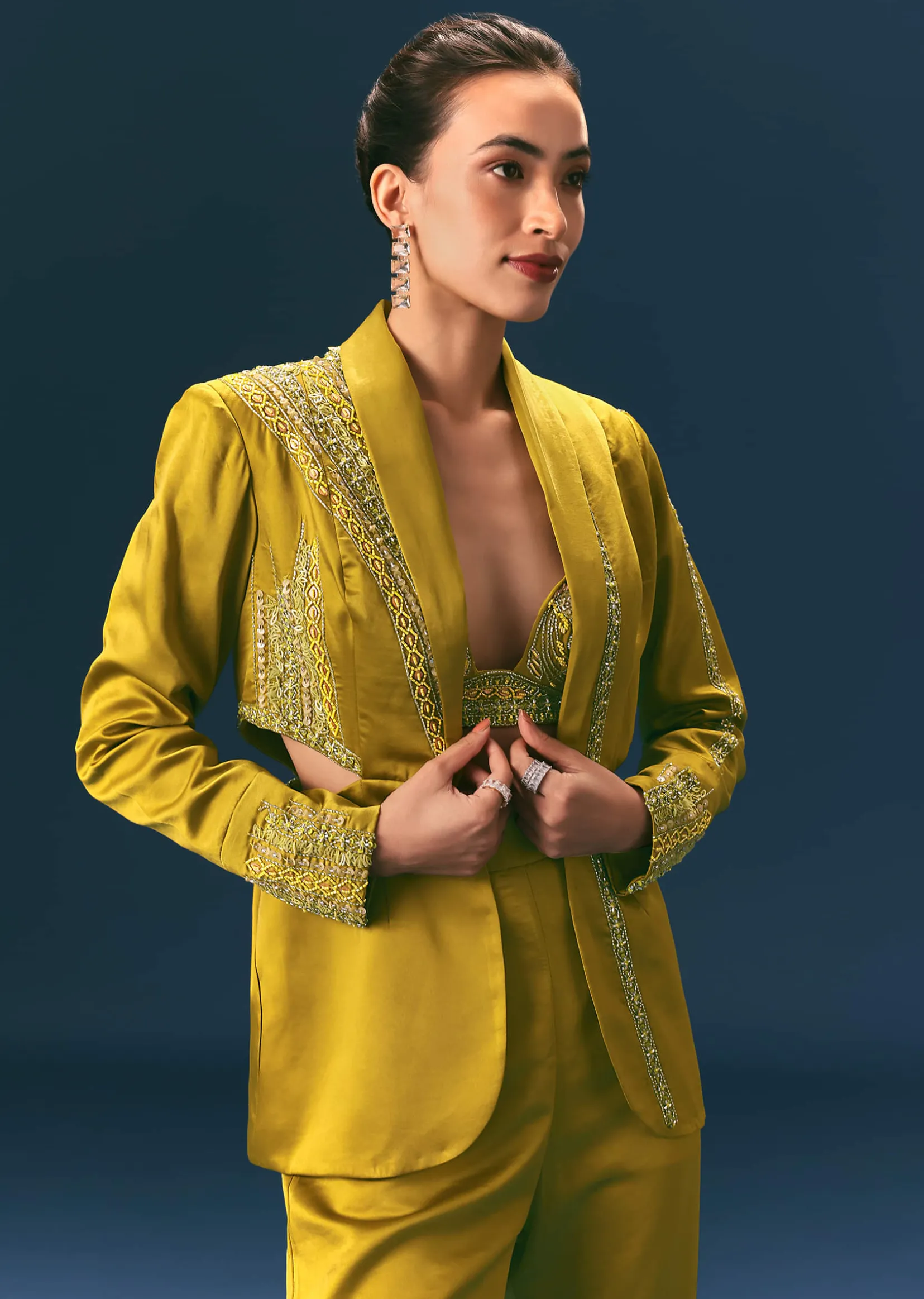 Mehendi Green Hand Embroidered Blouse With Jacket And Bell Bottom Pants