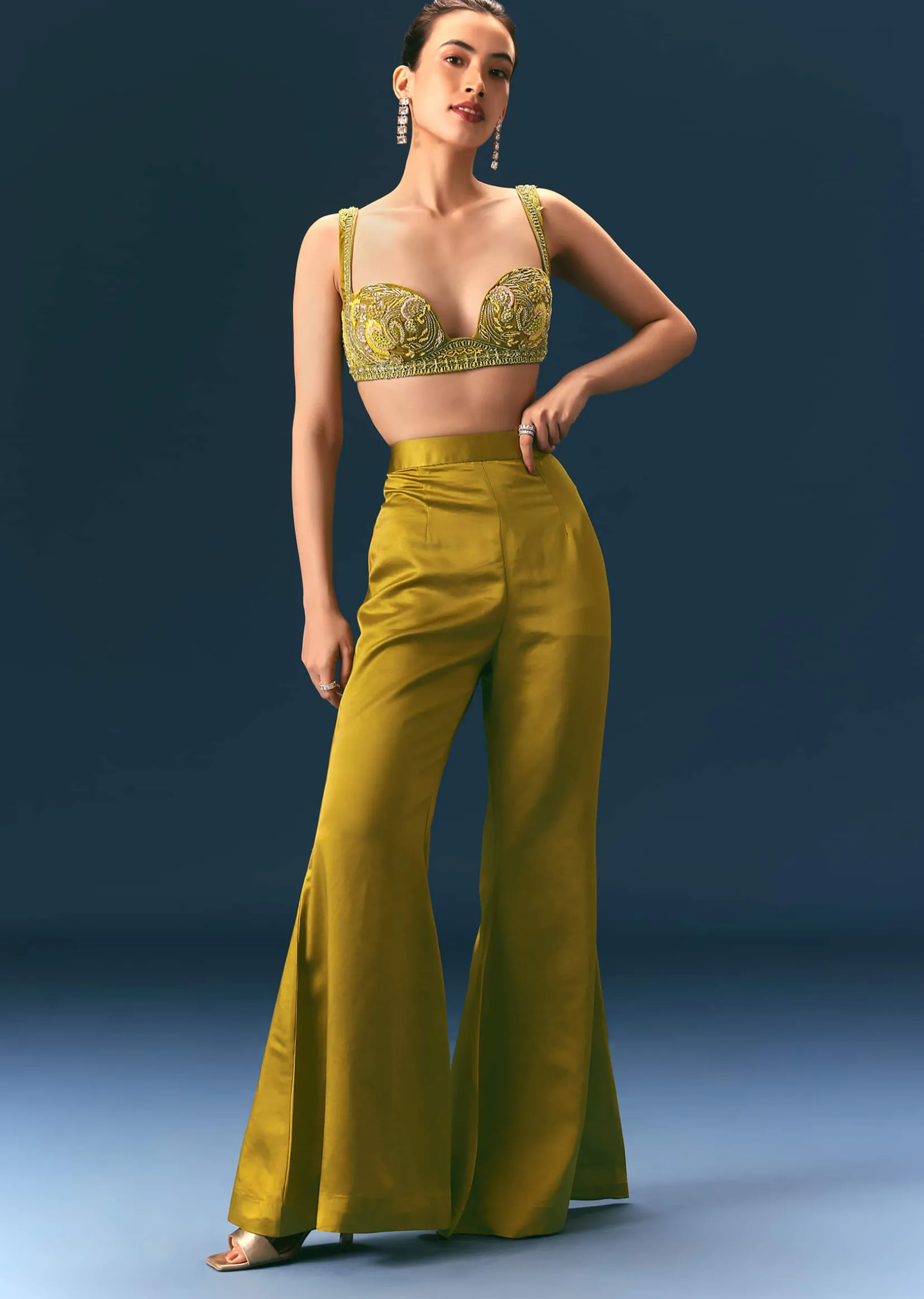 Mehendi Green Hand Embroidered Blouse With Jacket And Bell Bottom Pants