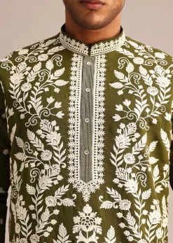 Mehendi Green Kurta Set With Floral Resham Embroidery