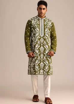 Mehendi Green Kurta Set With Floral Resham Embroidery