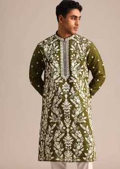 Mehendi Green Kurta Set With Floral Resham Embroidery