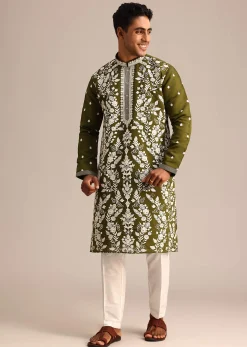 Mehendi Green Kurta Set With Floral Resham Embroidery