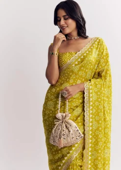 Mehendi Green Muslin Ajrakh Printed Saree With Gota And Mirror Work