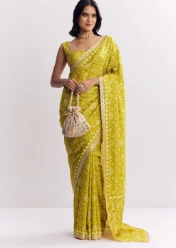 Mehendi Green Muslin Ajrakh Printed Saree With Gota And Mirror Work