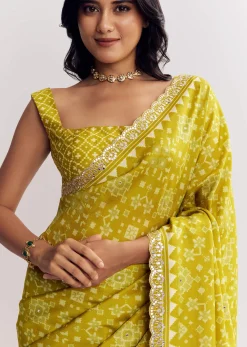 Mehendi Green Muslin Ajrakh Printed Saree With Gota And Mirror Work