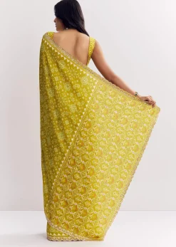Mehendi Green Muslin Ajrakh Printed Saree With Gota And Mirror Work