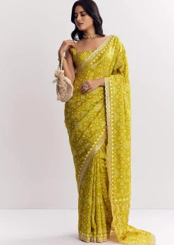 Mehendi Green Muslin Ajrakh Printed Saree With Gota And Mirror Work