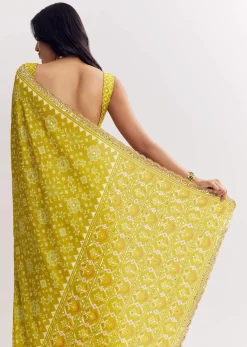 Mehendi Green Muslin Ajrakh Printed Saree With Gota And Mirror Work