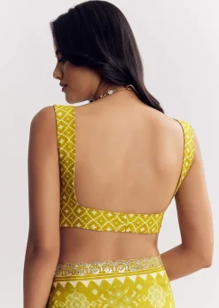 Mehendi Green Muslin Ajrakh Printed Saree With Gota And Mirror Work