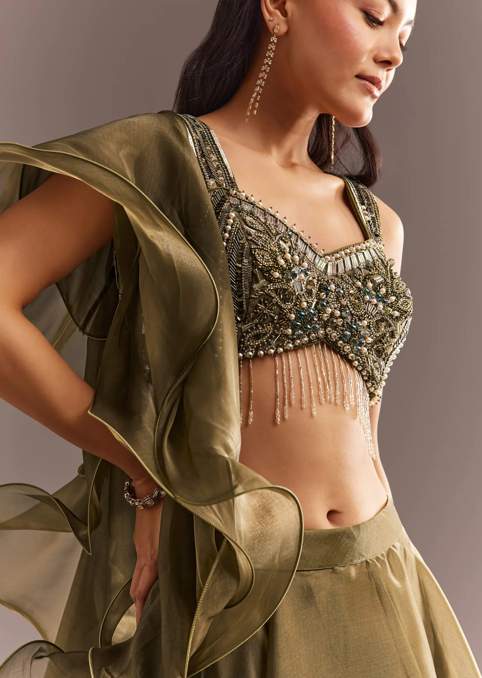 Mehendi Green Organza Choli Lehenga With Ruffled Dupatta