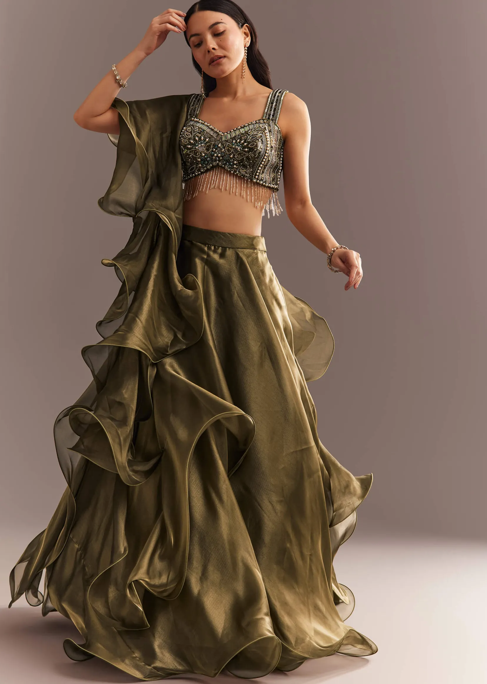 Mehendi Green Organza Choli Lehenga With Ruffled Dupatta