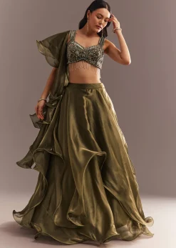 Mehendi Green Organza Choli Lehenga With Ruffled Dupatta