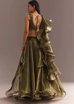 Mehendi Green Organza Choli Lehenga With Ruffled Dupatta