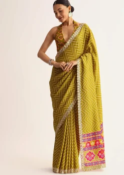 Mehendi Green Patola Printed Satin Saree With Scallop Embroidered Border