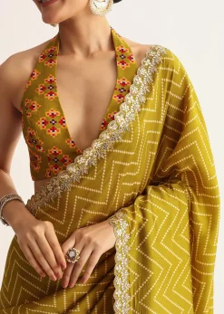 Mehendi Green Patola Printed Satin Saree With Scallop Embroidered Border