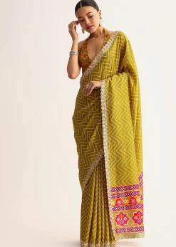Mehendi Green Patola Printed Satin Saree With Scallop Embroidered Border