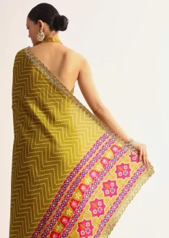Mehendi Green Patola Printed Satin Saree With Scallop Embroidered Border