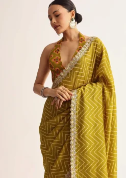 Mehendi Green Patola Printed Satin Saree With Scallop Embroidered Border