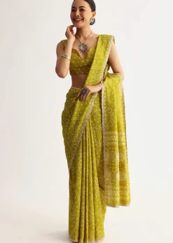 Mehendi Green Patola Printed Georgette Saree With Scallop Border