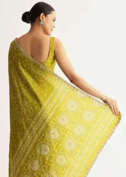 Mehendi Green Patola Printed Georgette Saree With Scallop Border