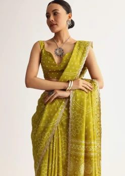 Mehendi Green Patola Printed Georgette Saree With Scallop Border