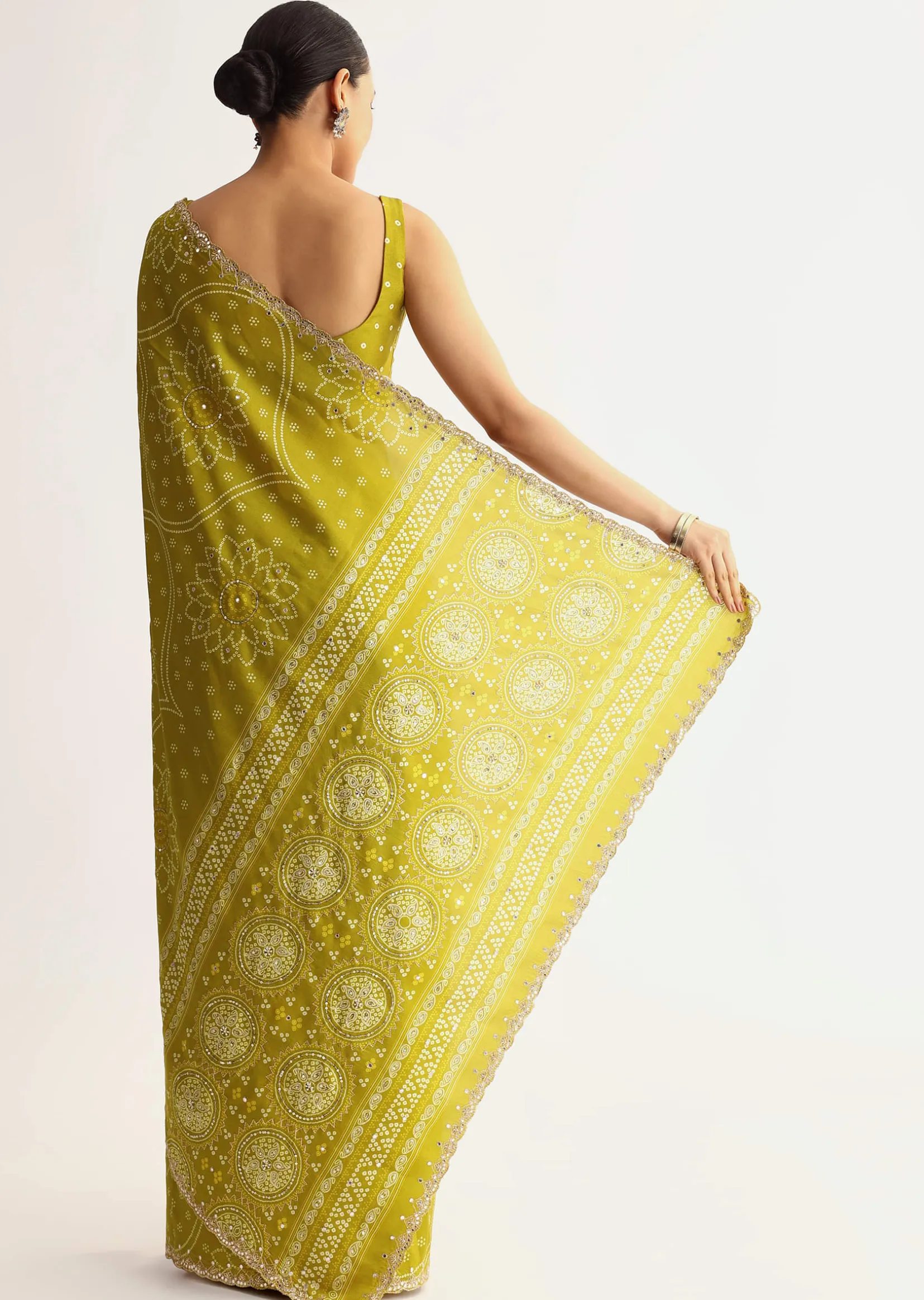 Mehendi Green Patola Printed Georgette Saree With Scallop Border