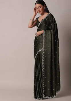 Mehendi Green Saree In Satin Chinon With Scallop Stone Work Border And Unstitched Blouse Piece