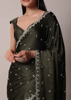 Mehendi Green Saree In Satin Chinon With Scallop Stone Work Border And Unstitched Blouse Piece