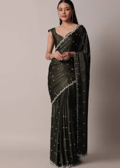 Mehendi Green Saree In Satin Chinon With Scallop Stone Work Border And Unstitched Blouse Piece