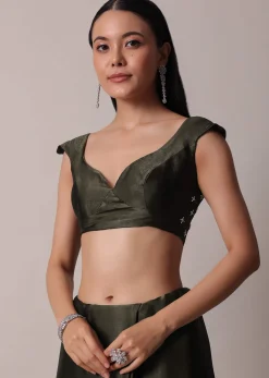 Mehendi Green Saree In Satin Chinon With Scallop Stone Work Border And Unstitched Blouse Piece