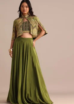 Mehendi Green Satin Palazzo Suit With Embroidered Cape