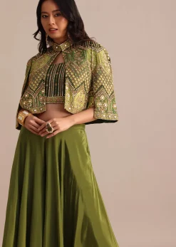 Mehendi Green Satin Palazzo Suit With Embroidered Cape
