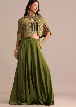 Mehendi Green Satin Palazzo Suit With Embroidered Cape