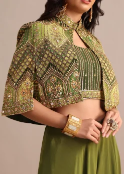 Mehendi Green Satin Palazzo Suit With Embroidered Cape
