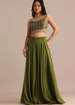 Mehendi Green Satin Palazzo Suit With Embroidered Cape