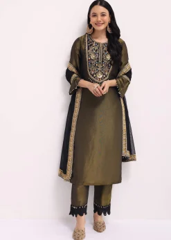 Mehendi Green Sequin Embroidered Tissue Kurta Set With Dupatta